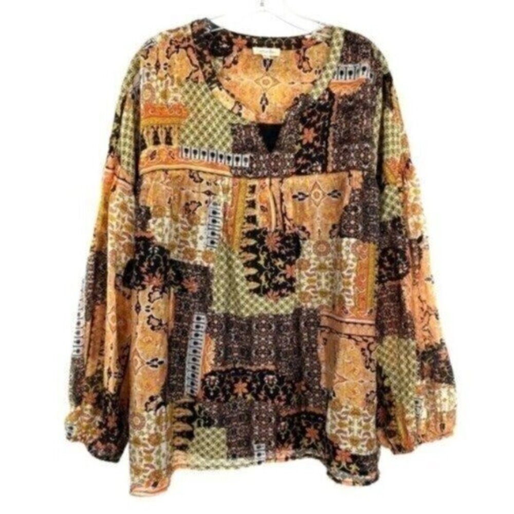 Cotton Bleu Patchwork Peasant Blouse Boho Cottagecore